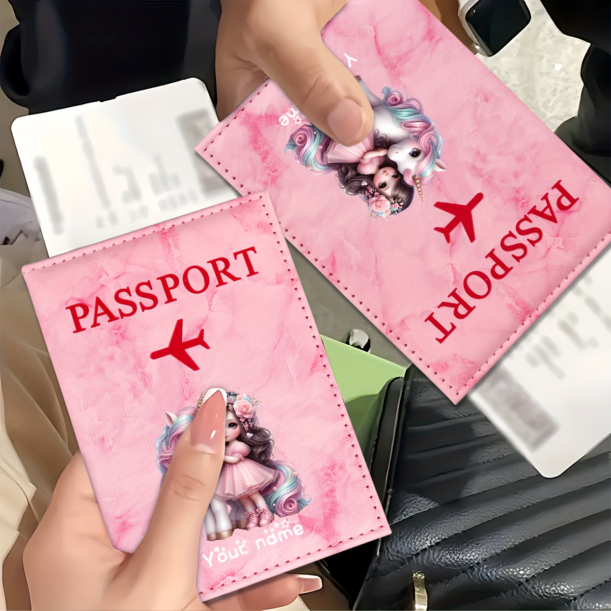Travel Accessories Kmart - ユニコーンガールパターン PU パスポートホルダー ゴールデン飛行機アイコン付き カードスロット トラベルウォレット