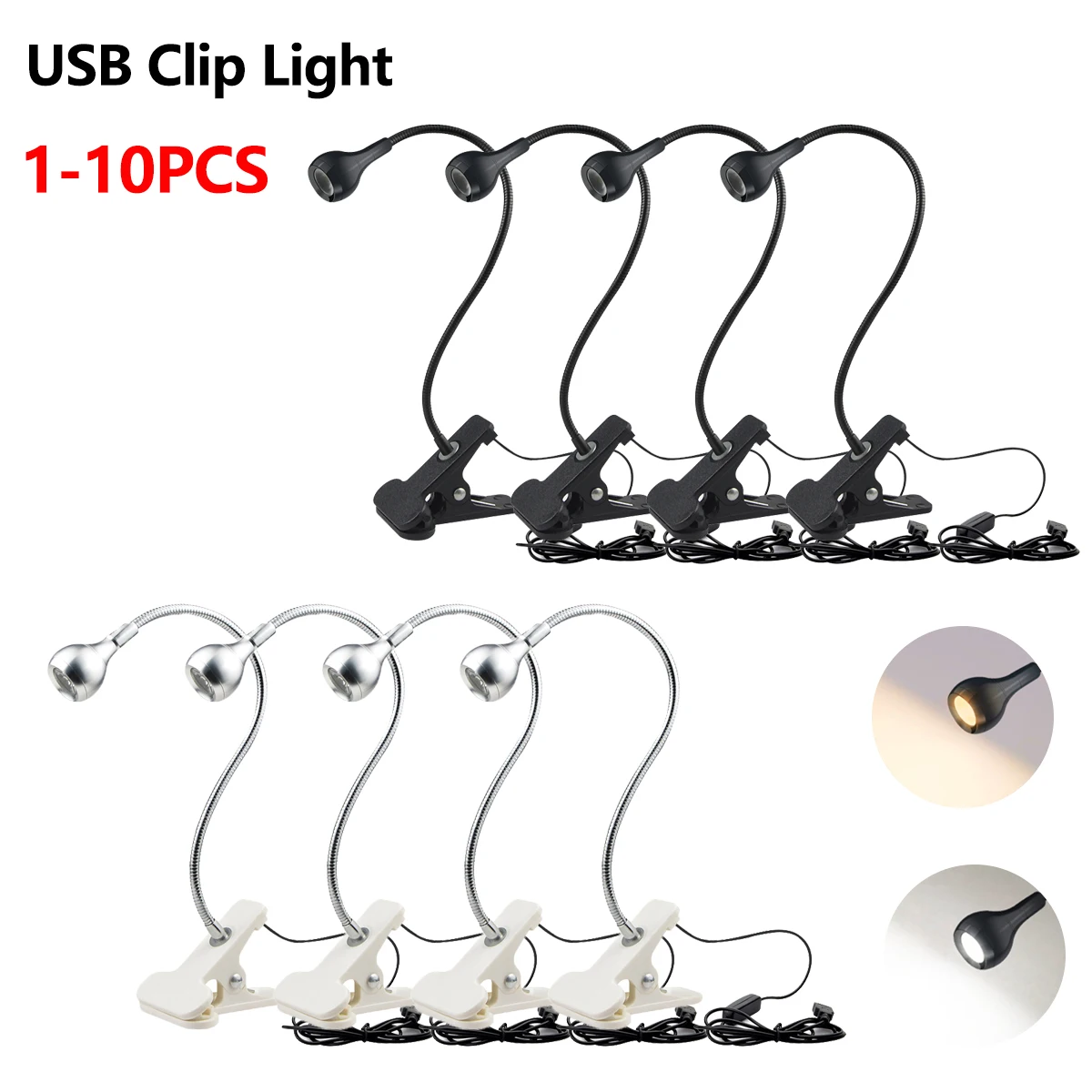 Book Light Flexible - 1-10個のクリップオンライトUSB電源読書ブックライト、パワーバンクコンピュータインターフェース用、1WフレキシブルLEDテーブルランプ夜間照明