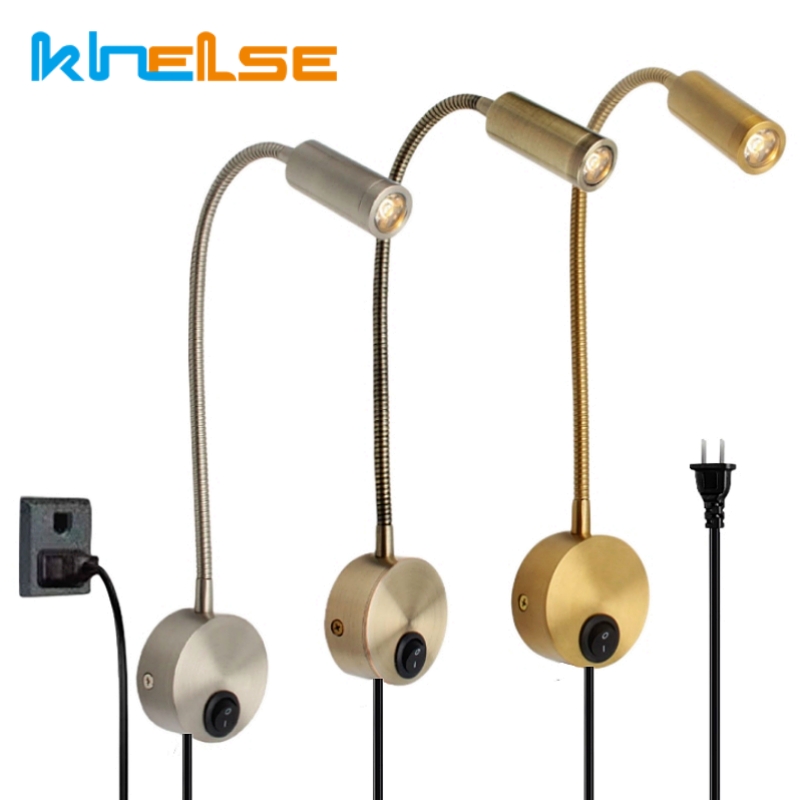 Book Light Flexible - 3 ワットブロンズグースネック LED ウォールランププラグコード付き柔軟なホース燭台寝室のベッドサイド読書壁マウントスポット照明 AC85-265V