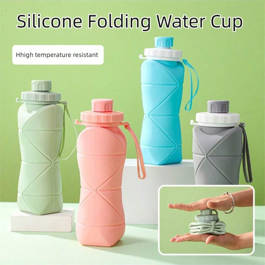 Water Bottle Collapsible - 1個入り 600ml 大型折りたたみ式シリコンカップ - アウトドア用携帯トラベルウォーターボトル、食品グレード、フレッシュカラー、折りたたみ式デザイン